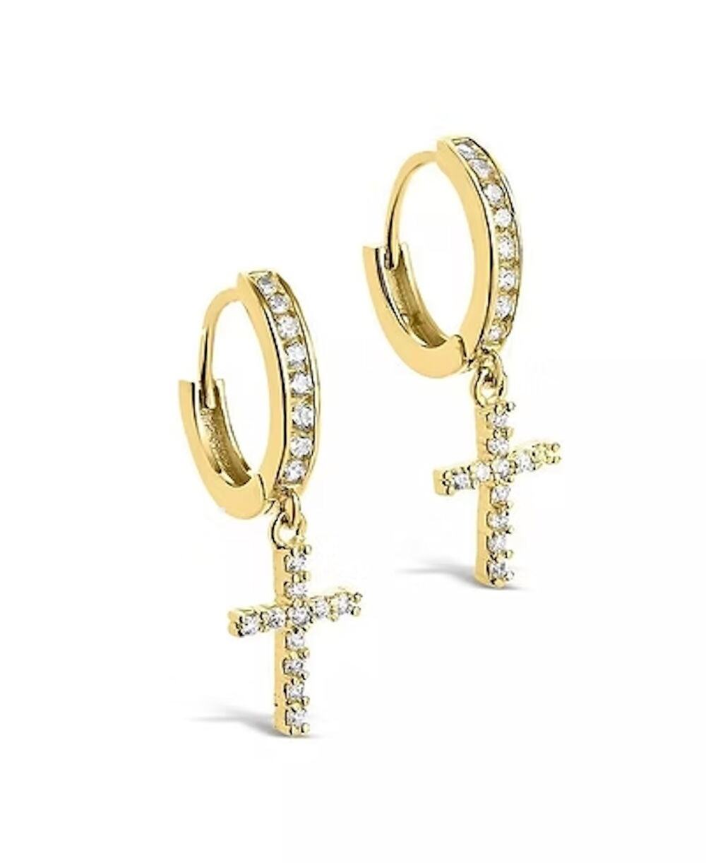 14K Gold Plated Sterling Silver CZ Dangle Cross Drop Hoop Earrings 30mm 1.18"